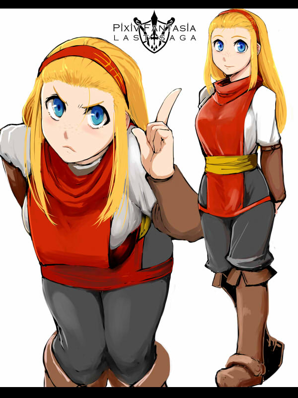1girl arms_behind_back blonde_hair blue_eyes boots breasts brown_footwear copyright_name frown headband index_finger_raised keshin leaning_forward long_hair long_sleeves medium_breasts multiple_views pixiv_fantasia pixiv_fantasia_last_saga red_headband red_vest solena_(pixiv_fantasia_last_saga) vest white_background