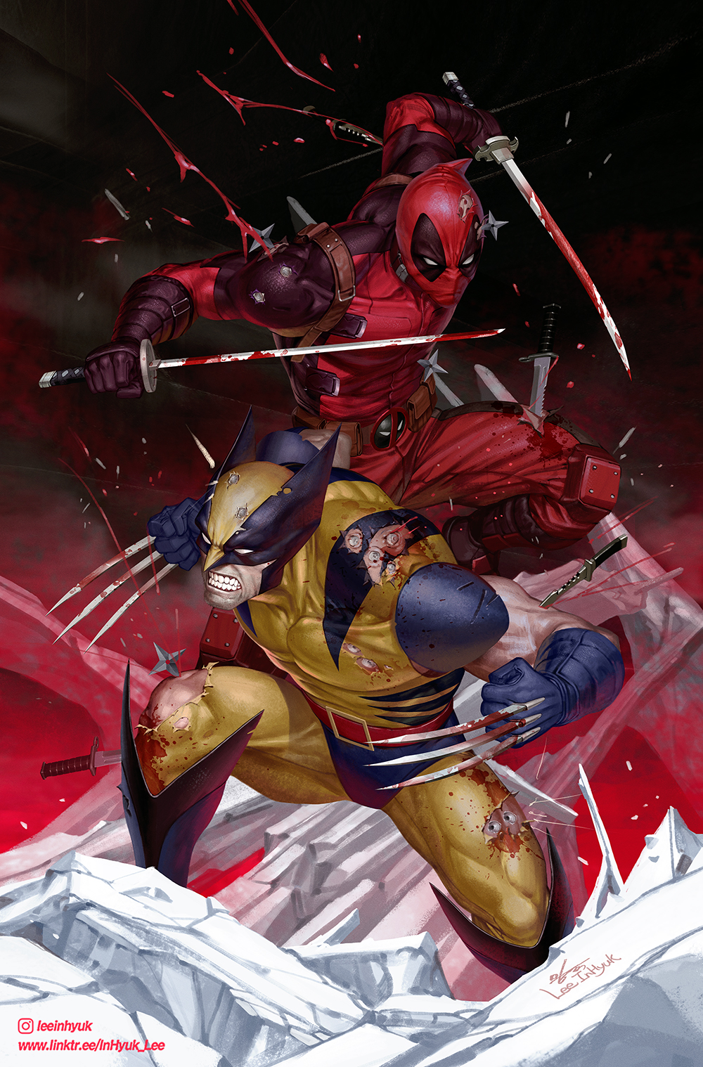 2boys artist_name belt black_hair bleeding blood bloody_weapon bodysuit boots bullet_hole claws clenched_teeth commentary deadpool dual_wielding english_commentary gloves highres holding holding_sword holding_weapon in-hyuk_lee instagram_username katana knife male_focus marvel mask multiple_boys muscular muscular_male red_bodysuit red_mask shuriken signature stab superhero_costume sword teeth two-tone_bodysuit weapon wolverine_(x-men) x-men yellow_bodysuit