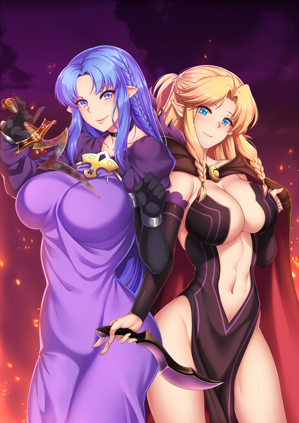 2girls black_gloves blonde_hair blue_eyes blue_hair blush braid breasts cape caster_class_(fate) closed_mouth commission cosplay costume_switch cowboy_shot dagger dress elbow_gloves fate/stay_night fate_(series) gloves groin holding holding_weapon impossible_clothes impossible_dress knife large_breasts long_hair looking_at_viewer medea_(caster)_(fate) medea_(fate) megatama multiple_girls navel original pelvic_curtain pointy_ears purple_dress revealing_clothes rulebreaker sidelocks smile weapon