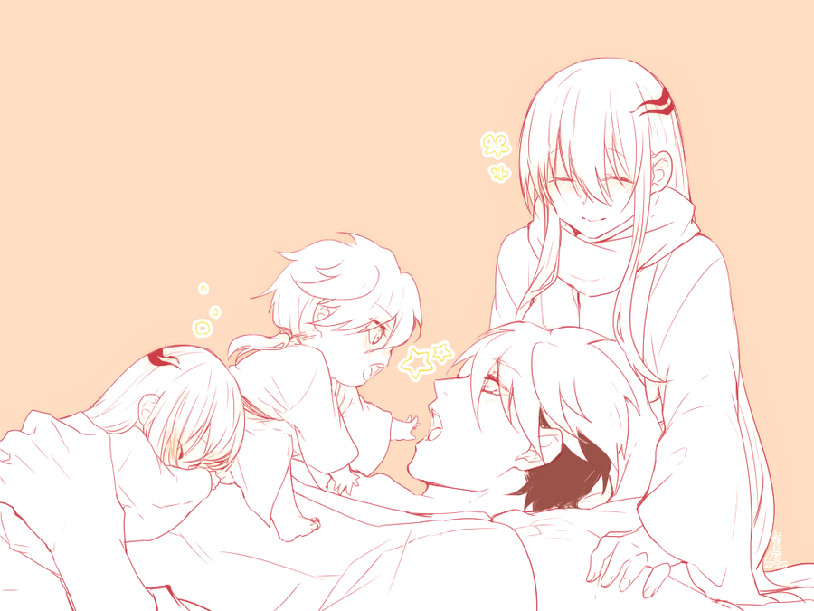 2boys 2girls bad_id bad_pixiv_id barefoot child closed_eyes closed_mouth eyes_visible_through_hair family father_and_daughter father_and_son grabbing hair_between_eyes hair_ornament hairclip hand_on_another&#039;s_back if_they_mated japanese_clothes kasugaya_yuki kimono lap_pillow long_hair long_sleeves lying lying_on_person monochrome mother_and_daughter mother_and_son multicolored_hair multiple_boys multiple_girls nura_rikuo nurarihyon_no_mago oikawa_tsurara open_mouth patterned patterned_hair scarf short_hair simple_background sitting sitting_on_person sleeping sleeping_on_person smile two-tone_hair very_long_hair yuki_onna_(nurarihyon_no_mago)