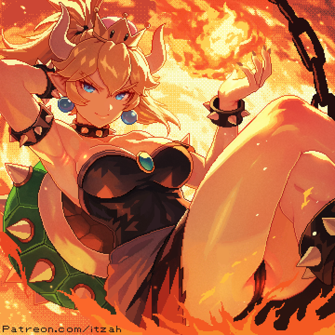 1girl armlet bare_shoulders blonde_hair blue_eyes bowsette bracelet breasts cameltoe cleavage collar crossed_legs crown dress earrings horns itzah jewelry large_breasts long_hair mario_(series) new_super_mario_bros._u_deluxe nintendo pixel_art ponytail spiked_armlet spiked_bracelet spiked_collar spikes super_crown