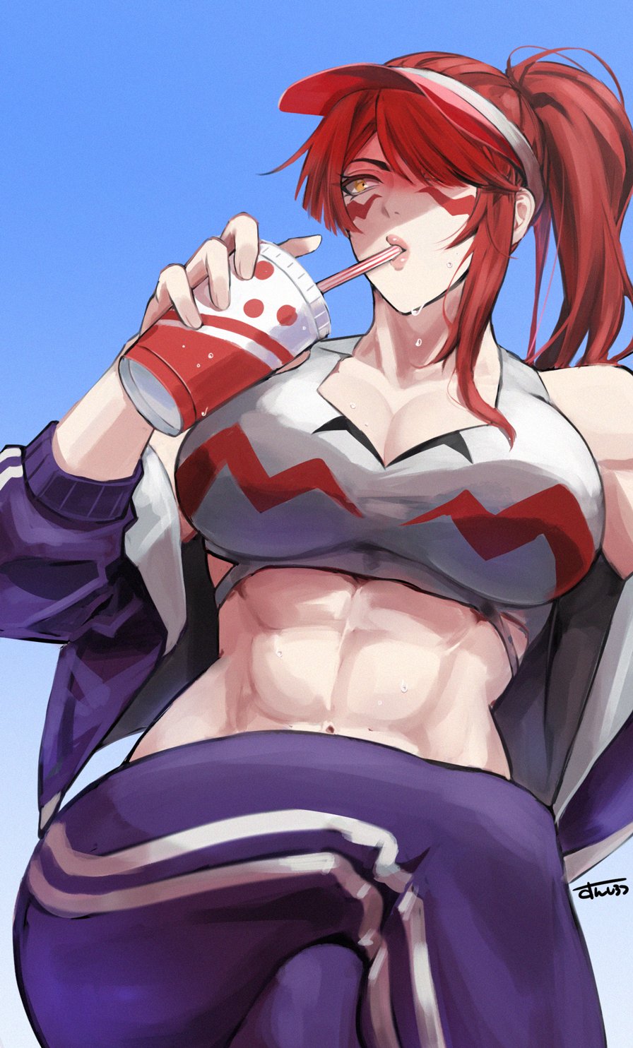 1girl abs bare_shoulders beach breasts cleavage crossed_legs cup drinking_straw facial_mark feet_out_of_frame fuuma_kotarou_(tenkaichi) hair_over_one_eye hat highres holding holding_cup jacket large_breasts lips long_hair long_sleeves muscular muscular_female navel one_eye_covered open_clothes open_jacket pants parted_lips ponytail red_hair signature simple_background single_sidelock sitting solo sports_bra stomach sunsirou sweat tattoo tenkaichi_nihon_saikyou_bugeisha_ketteisen toned toned_female track_jacket track_pants yellow_eyes