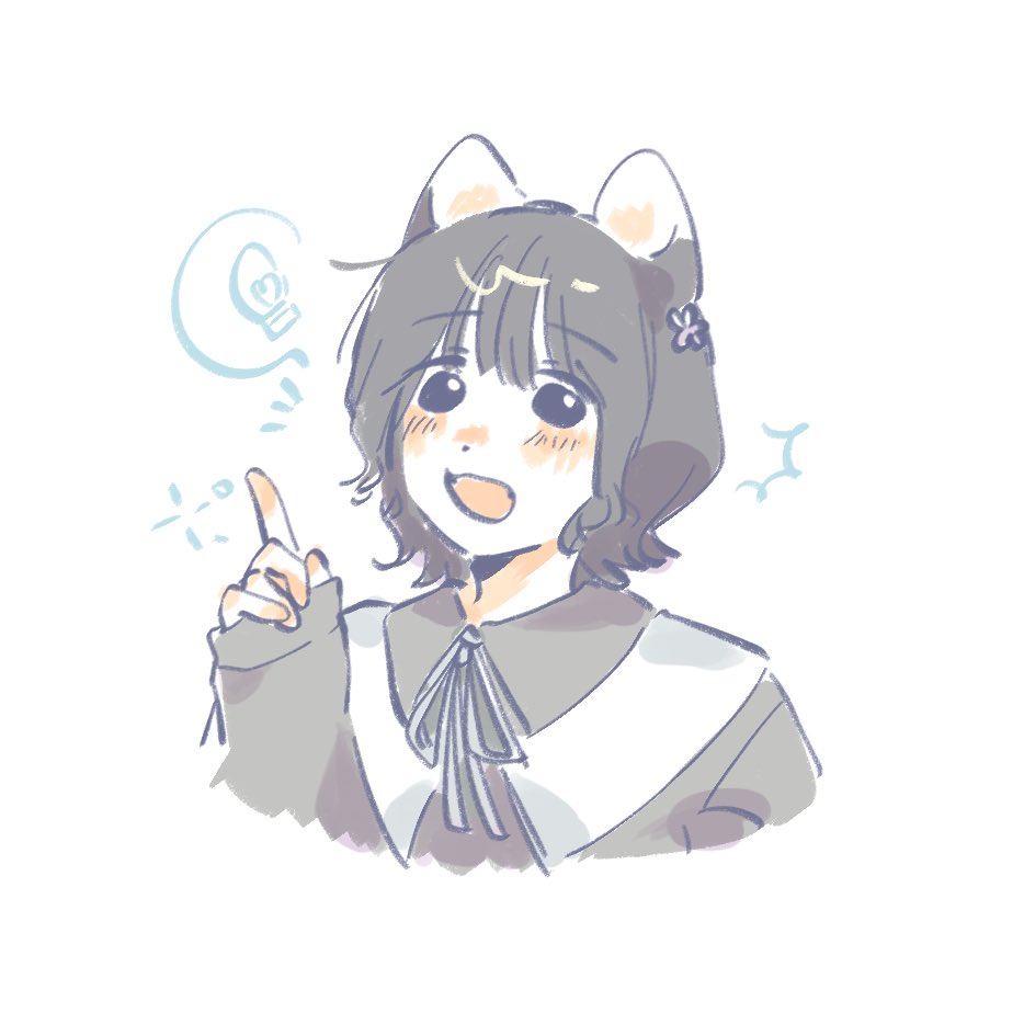 1girl :d animal_ears animification black_eyes black_hair blush cat_ears collared_dress commentary dress flipped_hair flower grey_dress grey_ribbon hair_flower hair_ornament hand_up index_finger_raised kemonomimi_mode light_bulb link!_like!_love_live! long_sleeves looking_at_viewer love_live! neck_ribbon open_mouth photo-referenced real_life ribbon sakurai_hina seeno_de!_hasu_no_sora! short_hair sleeves_past_wrists smile solo spoken_light_bulb symbol-only_commentary voice_actor woodonly