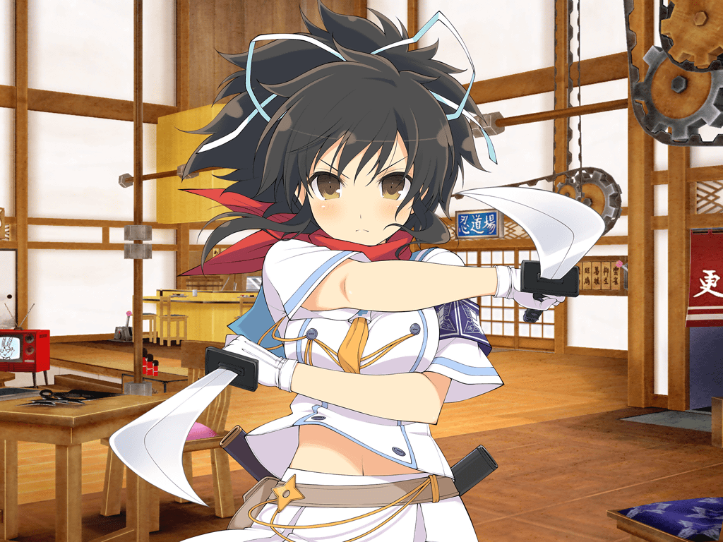 1girl ascot asuka_(senran_kagura) black_hair blush breasts brown_eyes chair closed_mouth dual_wielding gears hair_ribbon hanzou_academy_school_uniform holding holding_sword holding_weapon indoors large_breasts looking_at_viewer midriff_peek navel ninto_(senran_kagura) official_art orange_ascot pleated_skirt ponytail red_scarf reverse_grip ribbon scarf school_uniform senran_kagura senran_kagura_shoujo-tachi_no_shin&#039;ei serafuku shirt short_hair short_ponytail short_sleeves shouji shuriken skirt sliding_doors solo sword table television tsuba_(guard) v-shaped_eyebrows wakizashi weapon white_ribbon white_serafuku white_shirt white_skirt yaegashi_nan