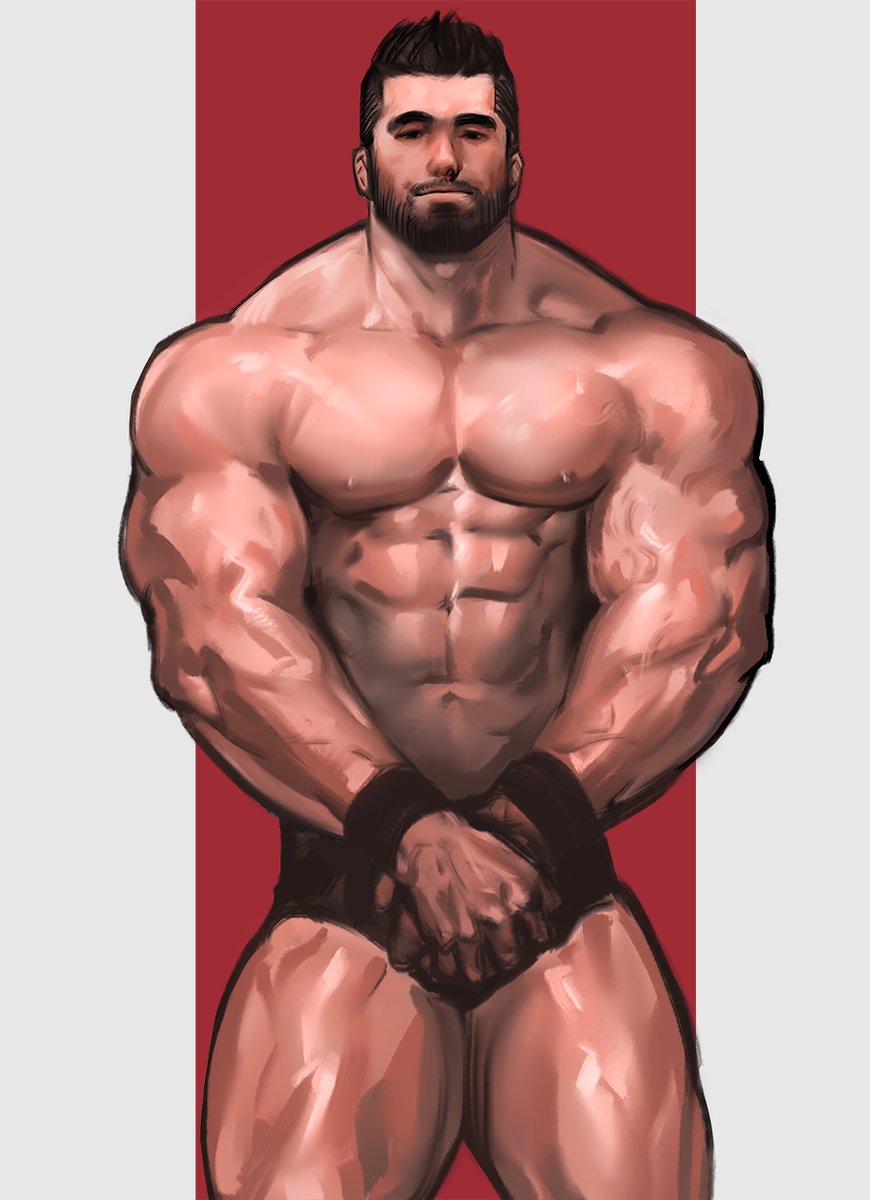 1boy abs armband bara beard biceps broad_shoulders brown_male_underwear connected_beard cropped_legs dopey_(dopq) facial_hair highres male_focus male_underwear muscular muscular_male nipples original pectorals short_hair solo underwear