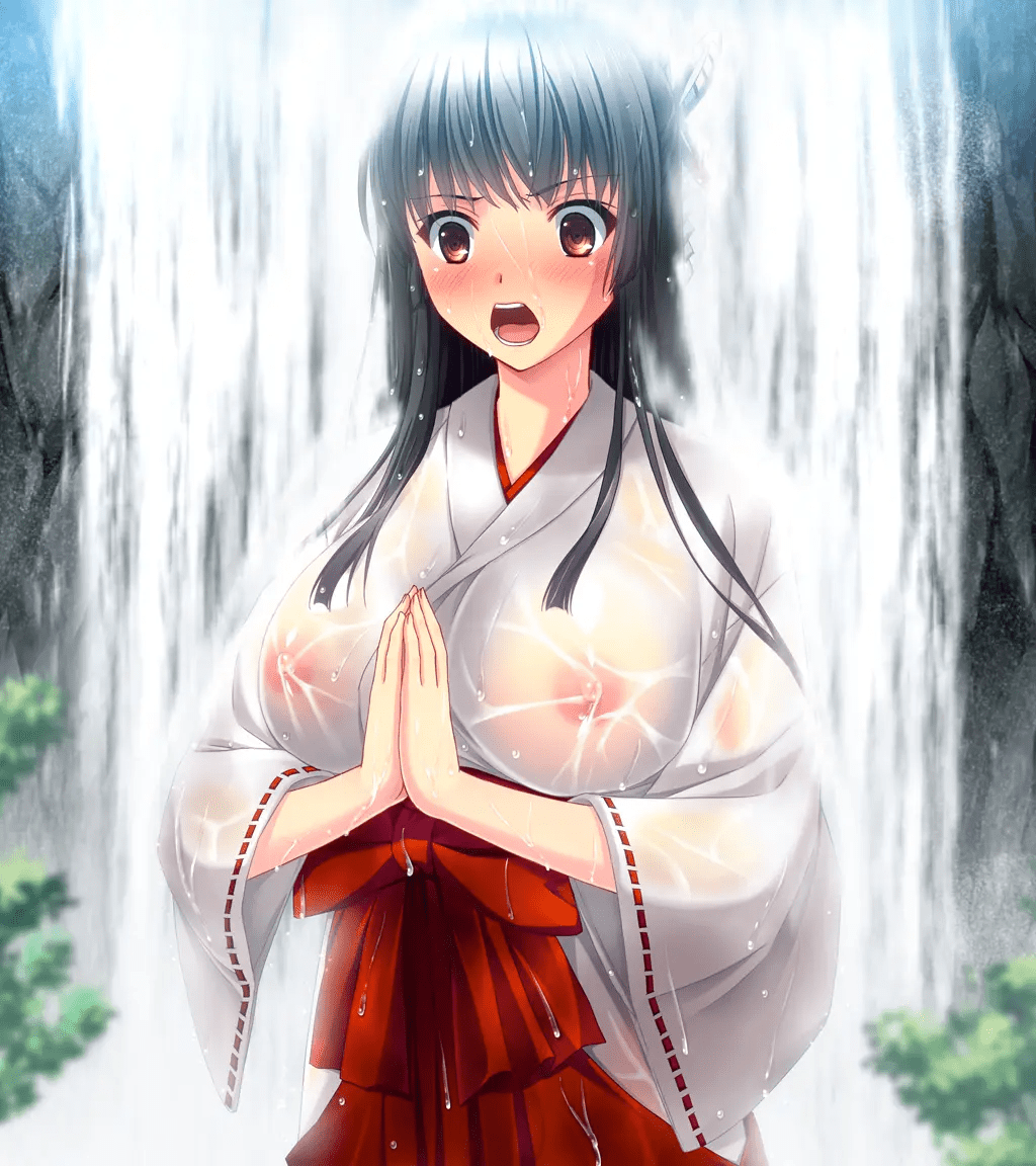 black_hair blush breasts hair_ornament hair_ribbon hakama japanese_clothes kimono large_breasts long_hair miko nipples covered_erect_nipples red_eyes ribbon see-through_clothes water waterfall waterfall_shower zion_(company) zurumu_ken