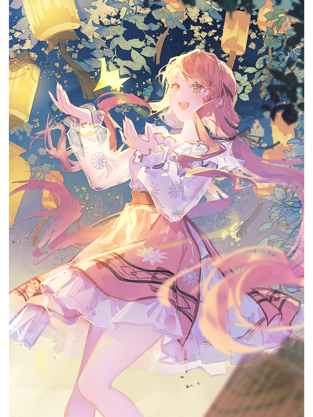 1girl bare_legs bare_shoulders belt black_belt black_ribbon border brown_eyes cat_princess chinese_commentary commentary_request cowboy_shot eyelashes floating_clothes floating_hair frilled_shirt frilled_skirt frilled_sleeves frills hair_ribbon happy highres infinity_nikki lantern layered_skirt light_blush light_particles long_hair long_sidelocks long_sleeves looking_at_object low_twintails making-of_available miniskirt night nikki_(nikki) nikki_(series) off-shoulder_shirt off_shoulder open_mouth origami outdoors paper_crane paper_lantern perfect_start_(infinity_nikki) pillarboxed pink_hair pink_skirt pleated_skirt puffy_long_sleeves puffy_sleeves ribbon see-through_clothes see-through_sleeves shirt sidelocks skirt smile snowflake_print solo standing swept_bangs teeth tree tress_ribbon twintails upper_teeth_only very_long_hair wavy_hair white_border white_shirt white_skirt