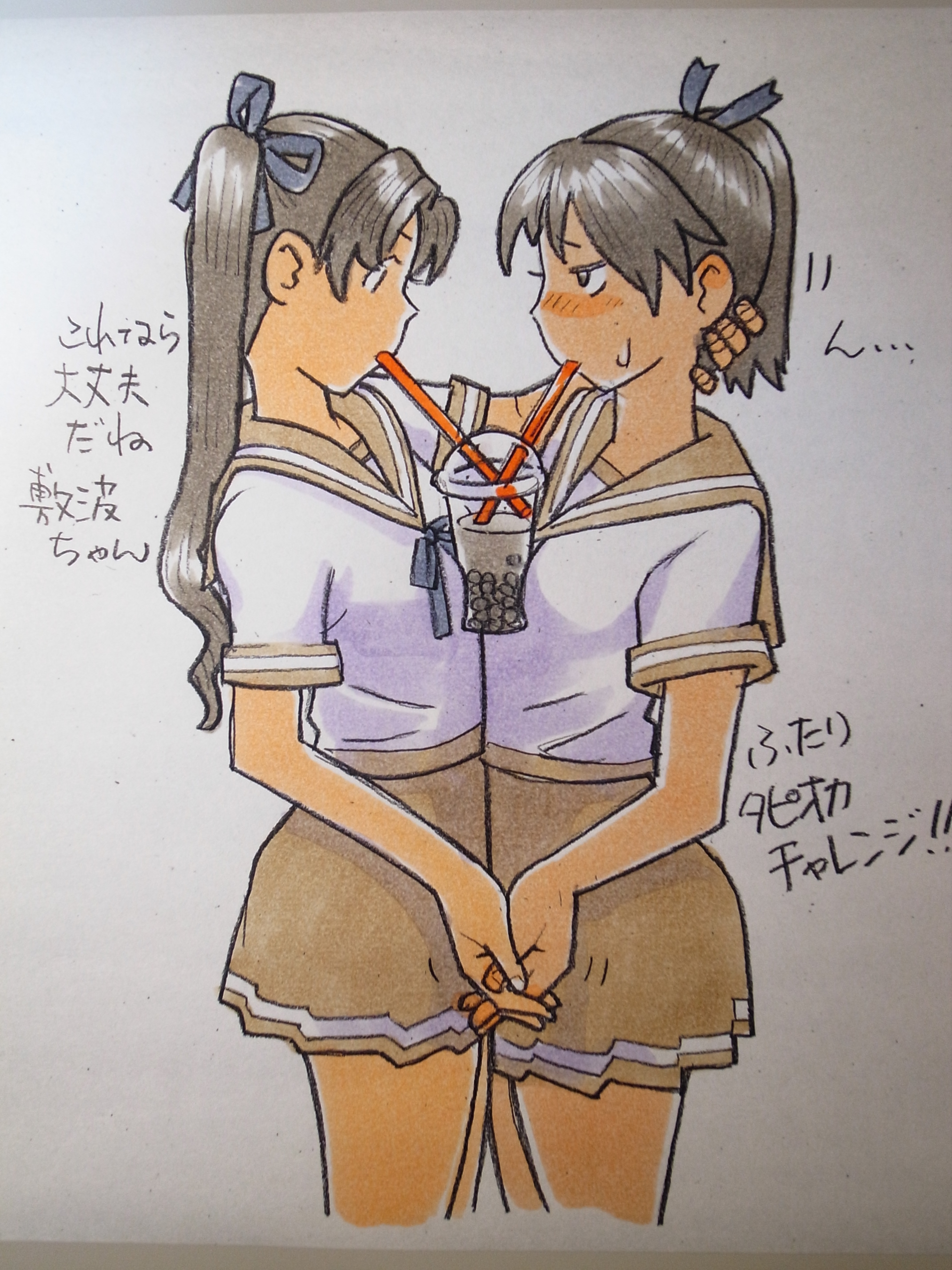 2girls absurdres ayanami_(kancolle) balancing between_breasts blush bow breasts bubble_tea bubble_tea_challenge concentrating cup disposable_cup drink drinking drinking_straw extremaratio69 hair_bow hair_ribbon highres holding_hands kantai_collection multiple_girls ponytail ribbon sailor_collar school_uniform serafuku shikinami_(kancolle) shirt skirt standing