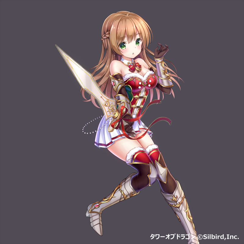 1girl armor armored_boots bad_id bad_pixiv_id bare_shoulders bell black_background black_gloves boots breasts brown_hair chestnut_mouth christmas company_name detached_collar elbow_gloves female_focus gloves green_eyes grey_boots hair_ribbon holding holding_sword holding_weapon jingle_bell knee_boots knees_together_feet_apart long_hair one_side_up outstretched_arm ribbon sakura_honoka_(srhk0623) simple_background skirt solo sword tower_of_dragon very_long_hair watermark weapon