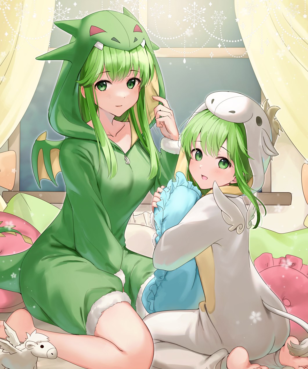 2girls animal_costume bedroom breasts commentary commission dragon_tail dragon_wings fire_emblem fire_emblem:_mystery_of_the_emblem fire_emblem:_shadow_dragon fire_emblem:_shadow_dragon_and_the_blade_of_light fire_emblem_echoes:_shadows_of_valentia fire_emblem_heroes green_eyes green_hair haru_(nakajou-28) highres horse_tail hugging_object looking_at_viewer medium_breasts multiple_girls nintendo on_bed pajamas palla_(fire_emblem) pegasus pegasus_wings pillow sitting skeb_commission tail wings