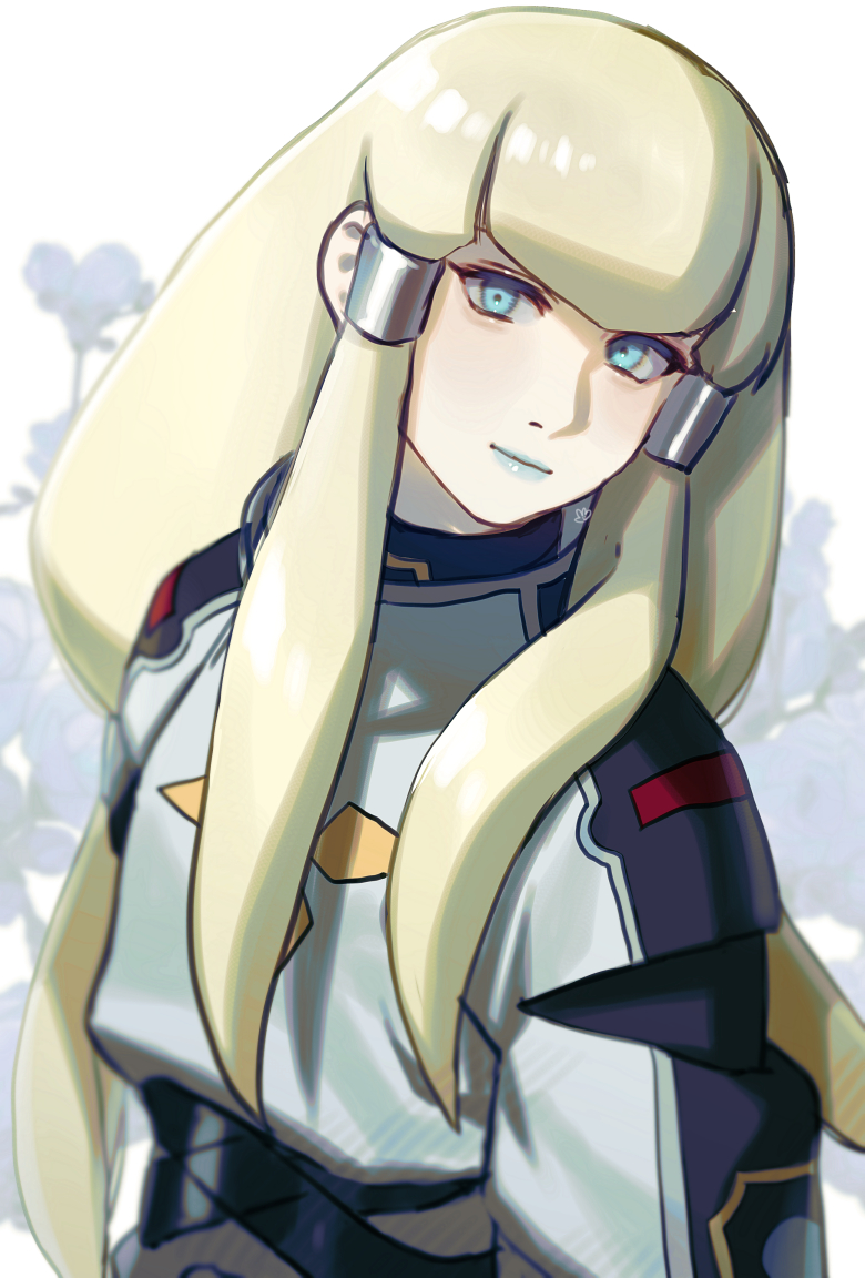 1girl arms_at_sides artist_logo big_hair blonde_hair blue_eyes blue_lips bodysuit closed_mouth commentary_request dianna_soreil floral_background gundam hair_tubes head_tilt light_smile lipstick logo long_hair looking_at_viewer makeup solo turn_a_gundam upper_body ususio_11 very_long_hair white_background white_bodysuit
