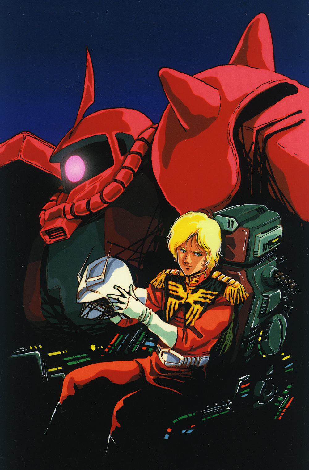 1980s_(style) 1boy belt blonde_hair blue_eyes boots cable char_aznable cockpit gloves glowing glowing_eye gradient_background gundam helmet highres holding holding_helmet looking_at_viewer machinery mecha mikimoto_haruhiko military_uniform mobile_suit mobile_suit_gundam oldschool one-eyed pilot pilot_chair promotional_art purple_eyes radio_antenna retro_artstyle robot scan science_fiction serious shoulder_spikes sitting spikes traditional_media upper_body zaku_ii_s_char_custom zeon