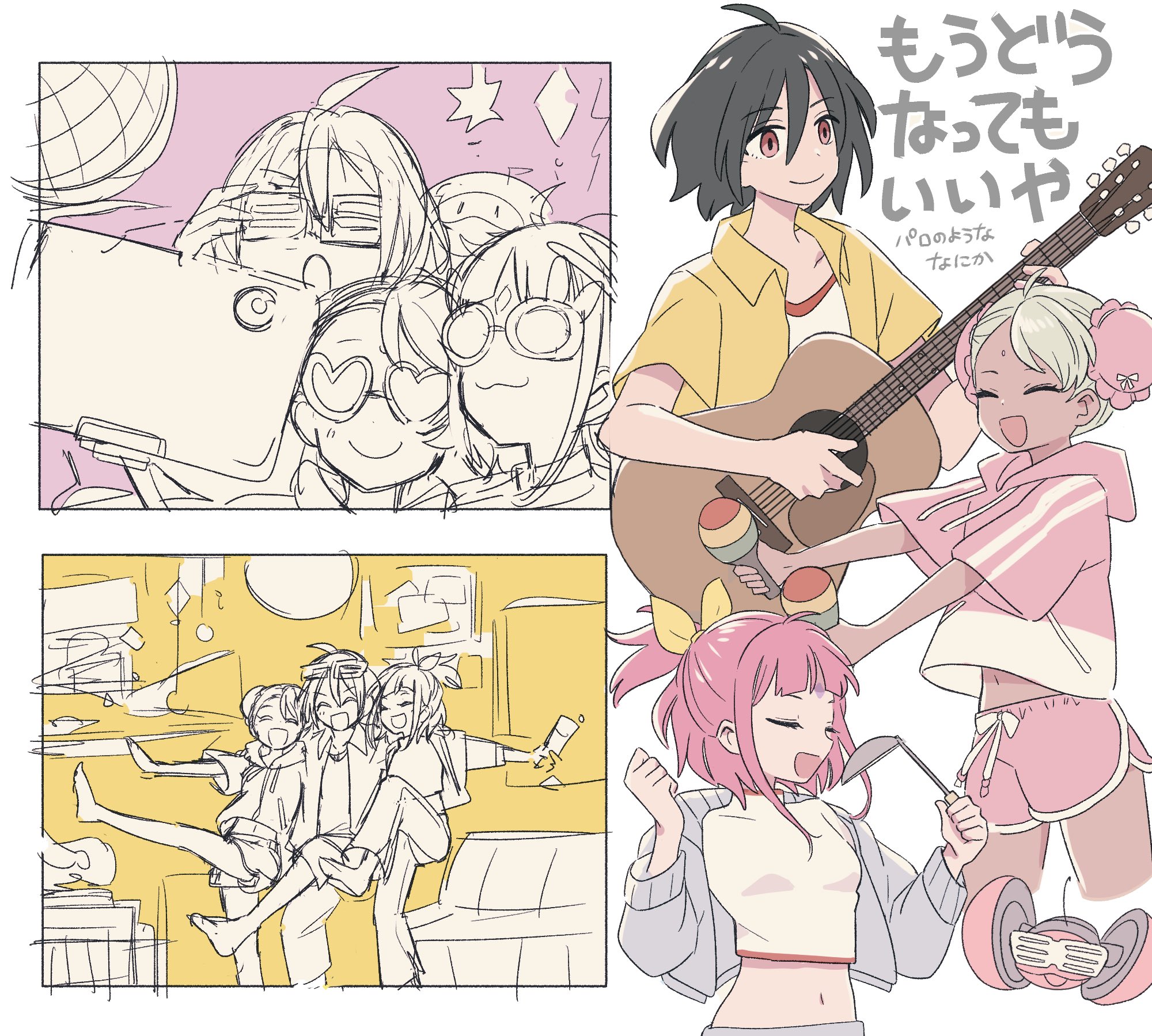 1boy 2girls bellri_zenam black_hair blue_eyes braid breasts closed_eyes closed_mouth commentary_request dancing dark-skinned_female dark_skin double_bun guitar gundam gundam_g_no_reconguista hair_between_eyes hair_bun heart heart-shaped_eyewear highres holding holding_guitar holding_instrument instrument jacket long_hair looking_at_viewer multiple_girls music nobell noredo_nug open_mouth pink_hair raraiya_monday red_eyes robot sbr_ghn selfie shirt short_hair short_sleeves singing smile sunglasses translation_request twin_braids white_hair
