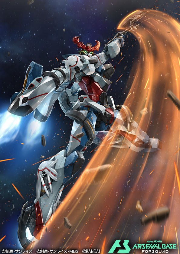axe commentary company_name copyright_name copyright_notice exhaust glowing glowing_eyes gquuuuuux green_eyes gundam gundam_arsenal_base gundam_gquuuuuux heat_hawk holding holding_axe mecha mecha_focus mobile_suit no_humans official_art robot science_fiction slashing solo space thrusters tomo_(machinemess) v-fin