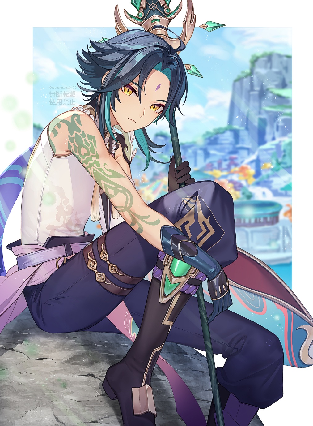 1boy arm_tattoo bead_necklace beads black_hair blue_hair blurry blurry_background closed_mouth day facial_mark forehead_mark genshin_impact gloves highres holding holding_polearm holding_weapon jewelry looking_at_viewer male_focus multicolored_hair necklace outdoors polearm primordial_jade_winged-spear_(genshin_impact) sitting solo spear tassel tattoo tsunakawa twitter_username weapon xiao_(genshin_impact) yellow_eyes