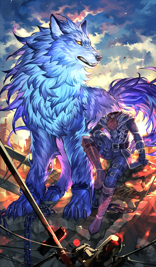 1boy animal arm_support ascot belt belt_buckle black_belt blue_gloves blue_jacket boots buckle chain city clenched_teeth cloud cloudy_sky commentary cuffs diffraction_spikes fate/grand_order fate_(series) full_body gloves headless hessian_(fate) jacket leg_up lobo_(fate) long_sleeves official_art outdoors oversized_animal parted_lips red_ascot red_boots rubble ruins shackles sitting sky snout solo sun sunlight tapioka_chaso teeth thigh_belt thigh_strap third-party_source wolf yellow_eyes