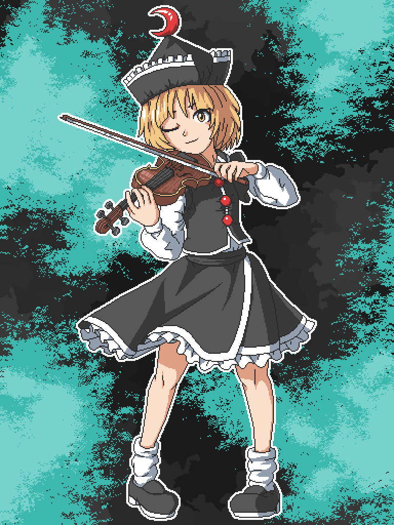 1girl aksawshin black_hat black_shoes black_skirt black_vest blonde_hair bow_(music) crescent crescent_hat_ornament hat hat_ornament instrument long_sleeves lunasa_prismriver mary_janes music one_eye_closed perfect_cherry_blossom playing_instrument shirt shoes short_hair skirt skirt_set socks solo touhou vest violin white_shirt yellow_eyes