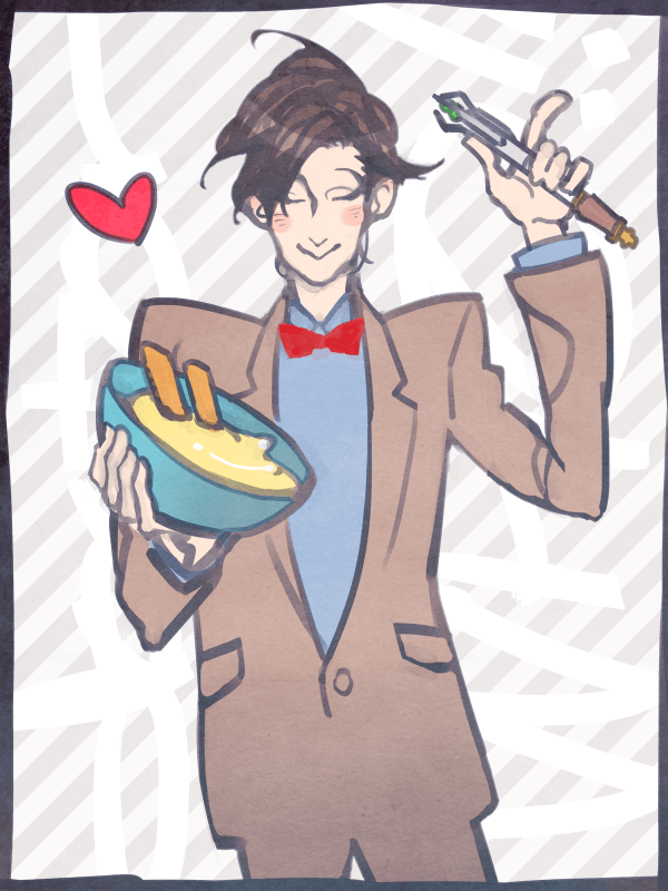 1boy bow bowtie cowboy_shot custard doctor_who eleventh_doctor eleventh_doctor_(doctor_who) fish_(food) fried_fish heart jacket kamaboko_(moyaciv) male_focus shirt solo sonic_screwdriver the_doctor the_doctor_(doctor_who)