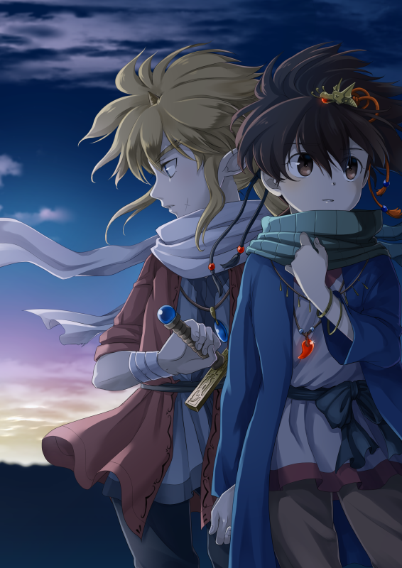 2boys black_hair black_pants brown_eyes brown_hair brown_pants chigayasan cloud commentary_request grey_tunic horns ikusabe_wataru jewelry magatama mashin_eiyuuden_wataru multiple_boys necklace outdoors pants parted_lips scar scar_on_face scarf sidelocks single_horn sunrise sword toraou tunic weapon white_scarf