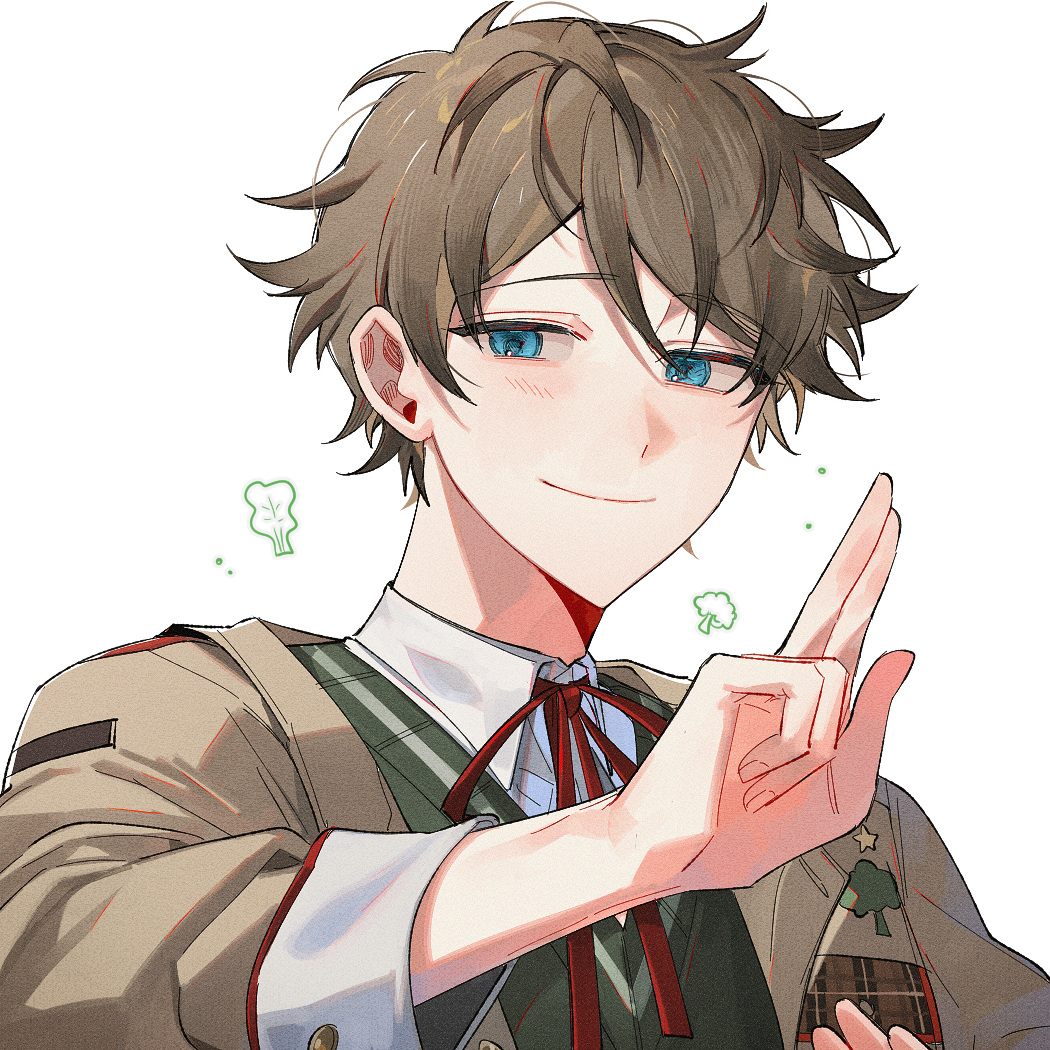 1boy anight black_jacket blue_eyes brown_hair ensemble_stars! facing_viewer green_sweater_vest jacket kuji-in light_blush long_sleeves looking_at_another male_focus official_alternate_costume red_ribbon ribbon short_hair simple_background smile solo sweater_vest takamine_midori upper_body white_background