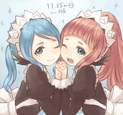 2girls apron blue_eyes blue_hair felicia_(fire_emblem) fire_emblem fire_emblem_fates flora_(fire_emblem) grey_eyes holding_hands long_hair looking_at_viewer lowres maid maid_apron maid_headdress multiple_girls nintendo open_mouth pink_hair ponytail siblings sisters tefutene twins