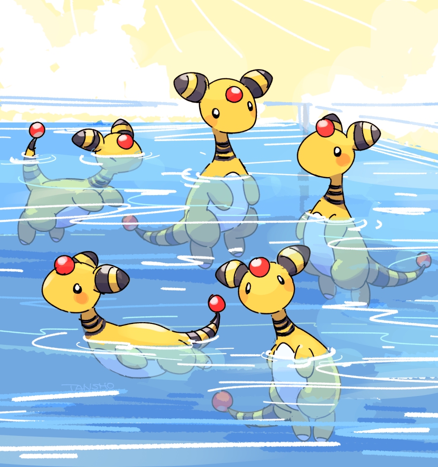 ampharos black_eyes blush bright_pupils closed_eyes forehead_jewel gen_2_pokemon nintendo no_humans pokemon pokemon_(creature) swimming tansho water white_pupils