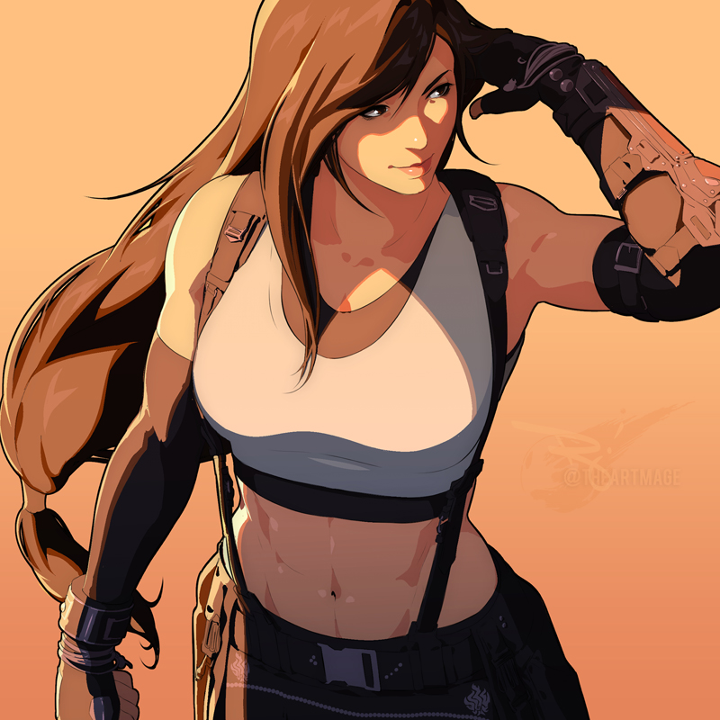 1girl abs asymmetrical_hair bare_shoulders black_bra black_gloves black_hair black_skirt bra breasts crop_top elbow_gloves final_fantasy final_fantasy_vii final_fantasy_vii_remake gloves hand_in_own_hair large_breasts long_hair looking_to_the_side low-tied_long_hair midriff muscular muscular_female navel orange_background shirt skirt sleeveless sleeveless_shirt smile solo sports_bra suspenders swept_bangs the_art_mage tifa_lockhart underwear upper_body white_shirt