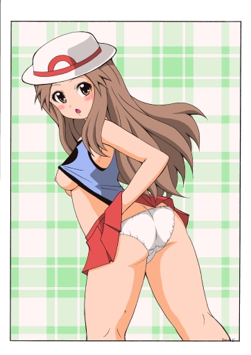 1girl blush breasts brown_eyes brown_hair clothes_lift female_focus hand_under_clothes hat koutarosu leaf_(pokemon) long_hair looking_at_viewer medium_breasts nintendo nipples no_bra open_mouth panties pokemon pokemon_frlg skirt skirt_lift sleeveless solo underwear