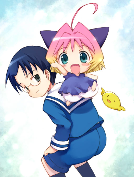 00s 1boy 1girl :d baby_animal bird black_eyes black_hair blonde_hair blush chick glasses gradient_hair green_eyes kito_(sorahate) moriyama_sunao multicolored_hair open_mouth pink_hair potemayo potemayo_(character) school_uniform serafuku short_hair smile