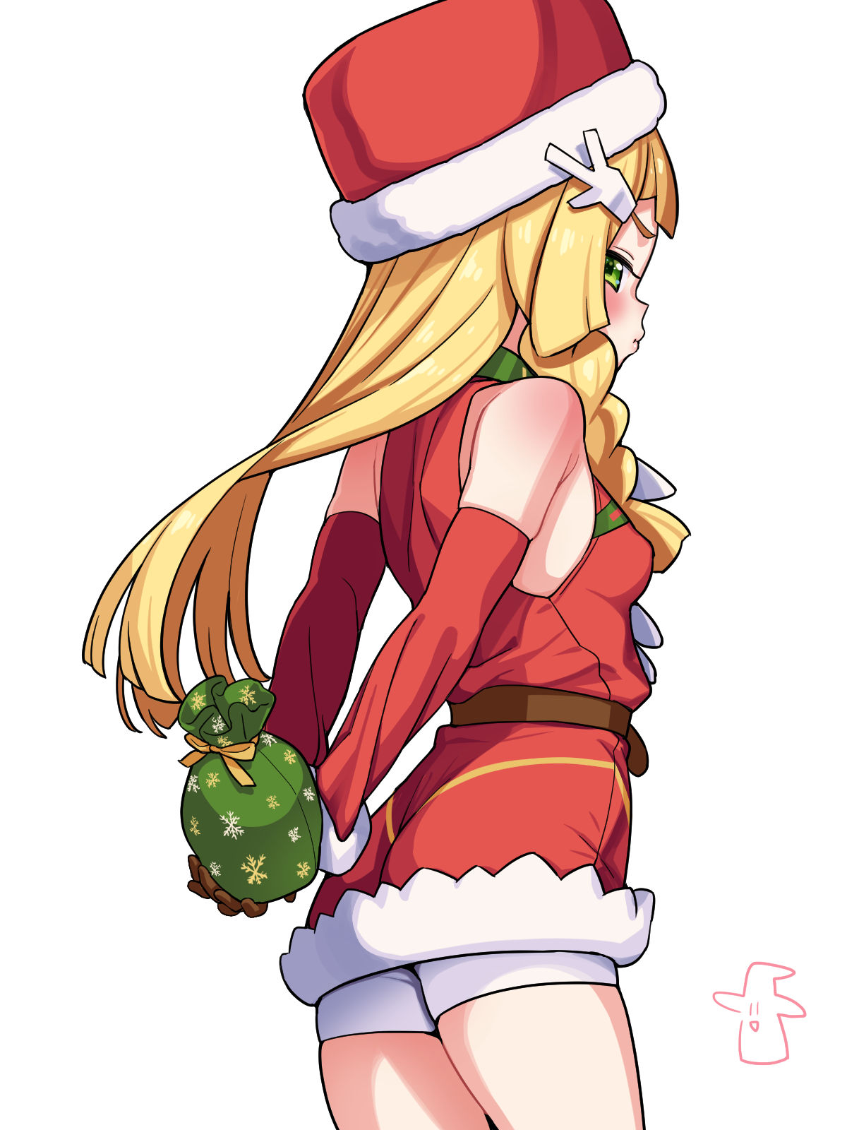 1girl bare_shoulders belt blonde_hair blush braid breasts brown_belt brown_gloves closed_mouth coat commentary_request cosplay detached_sleeves gloves green_eyes hat highres holding kinocopro lillie_(pokemon) long_hair looking_to_the_side medium_breasts nintendo pokemon pokemon_masters_ex pokemon_sm pouch red_coat red_hat ribbon shorts simple_background small_breasts solo white_background white_shorts whitney_(holiday_2022)_(pokemon) whitney_(pokemon) whitney_(pokemon)_(cosplay) yellow_ribbon