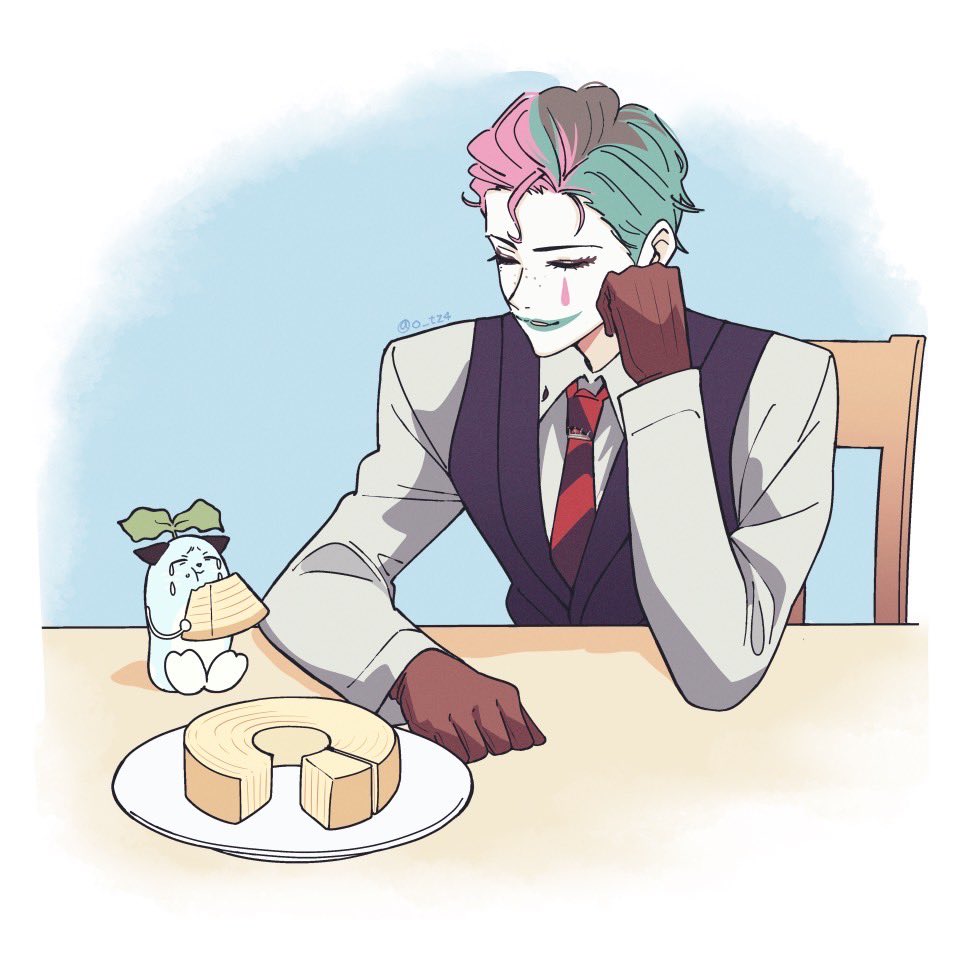 1boy black_vest brown_gloves cake chair closed_eyes collared_shirt diagonal-striped_clothes diagonal-striped_necktie eating elbow_on_table facepaint food gloves green_hair holding holding_food joe_rikiichi kakaramama male_focus mameneko_(leos_vincent) multicolored_hair necktie nijisanji on_chair parted_lips pink_hair red_necktie shirt sitting solo striped_clothes teardrop_facial_mark vest virtual_youtuber white_shirt