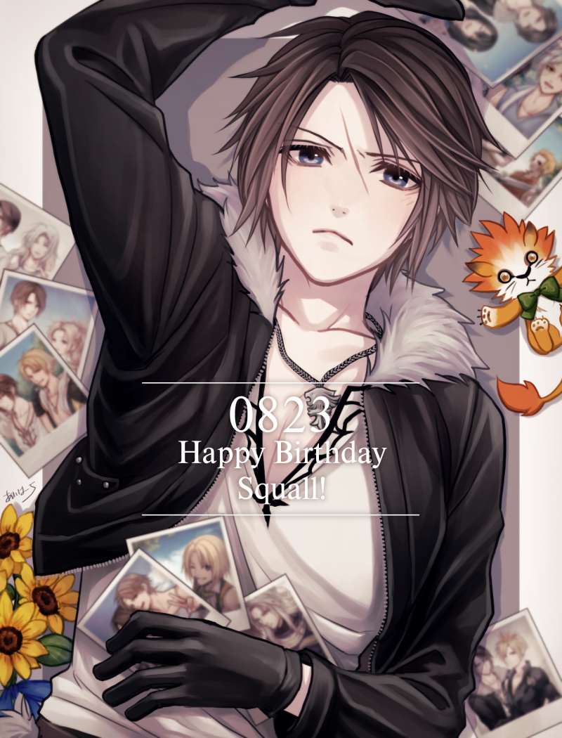 1boy arm_up black_gloves black_jacket blue_eyes bow bowtie brown_hair cecil_harvey character_name cloud_strife commentary cropped_jacket day dissidia_final_fantasy final_fantasy final_fantasy_viii firion flower fur-trimmed_jacket fur_trim gloves green_bow happy_birthday hiryuu_(kana_h) indoors jacket jewelry light_frown lying male_focus moomba necklace on_back onion_knight open_clothes open_jacket photo_(object) plant potted_plant rinoa_heartilly scar scar_on_face shirt short_hair squall_leonhart stuffed_toy sunflower tidus tina_branford upper_body v-neck warrior_of_light_(ff1) white_shirt yellow_flower zidane_tribal
