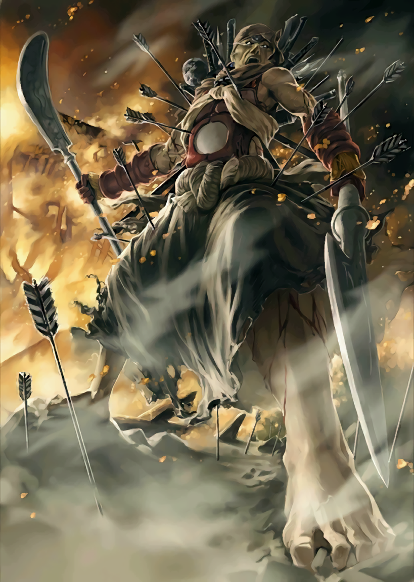1boy arrow_(projectile) arrow_in_body benkei blood fate/grand_order fate_(series) flaming_eyes holding holding_weapon male_focus musashibou_benkei_(fate) official_art resized shinjirou solo upscaled waifu2x weapon
