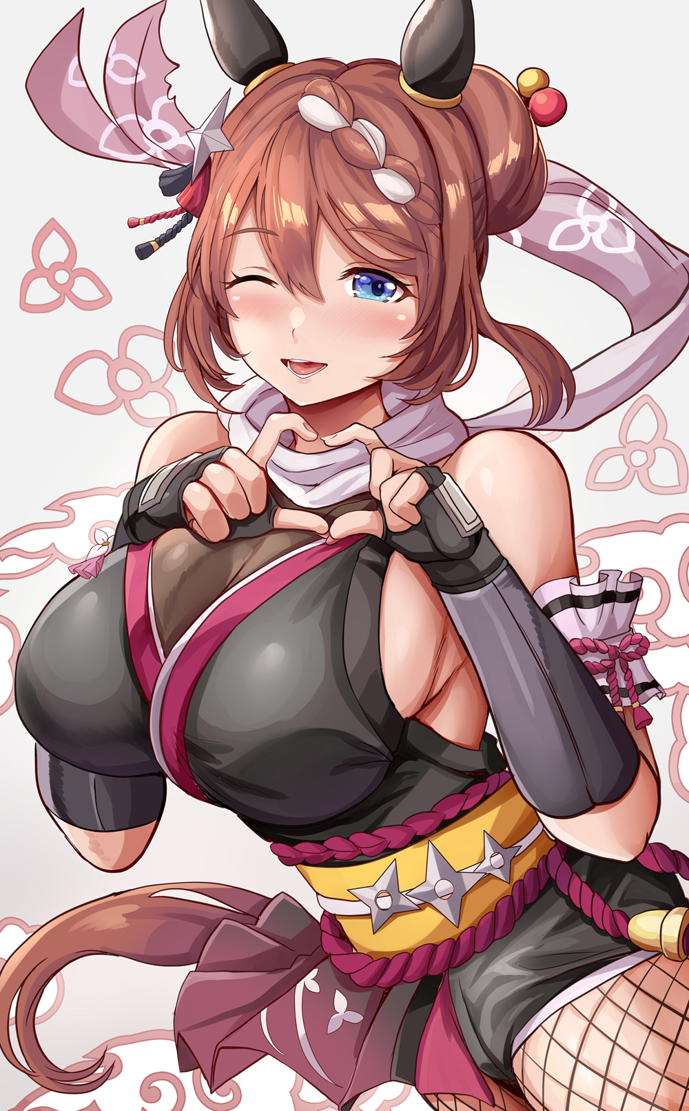 1girl ;d animal_ears bare_shoulders black_gloves black_kimono black_shorts blue_eyes blush braid braided_bangs breasts brown_hair commentary_request cowboy_shot curvy ear_covers fingerless_gloves fishnet_pantyhose fishnets gloves grey_background hair_bun hair_ornament hair_stick hairpin heart heart_hands highres himuro_shunsuke horse_ears horse_girl horse_tail japanese_clothes kimono large_breasts looking_at_viewer multicolored_hair ninja obi official_alternate_costume official_alternate_hair_length official_alternate_hairstyle one_eye_closed open_mouth pantyhose sash scarf short_hair short_kimono shorts sideboob sidelocks single_hair_bun sleeveless sleeveless_kimono smile solo streaked_hair super_creek_(flowery_shadow_amongst_the_gentle_rain)_(umamusume) super_creek_(umamusume) tail umamusume white_hair white_scarf yellow_sash