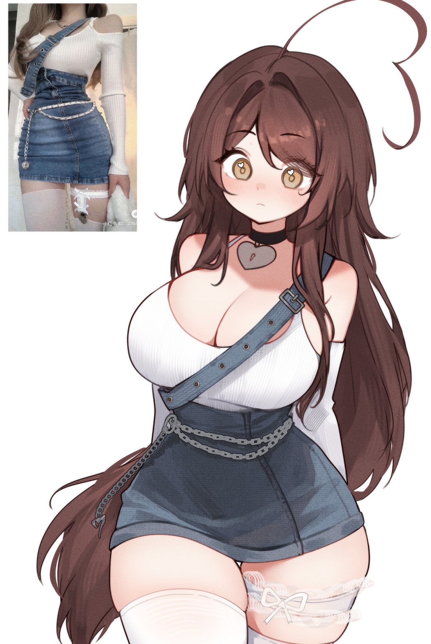 1girl ahoge black_choker blush breasts brown_hair choker cleavage commentary english_commentary hair_between_eyes heart highres indie_virtual_youtuber large_breasts long_hair real_life_insert simple_background sky_above_me sky_above_me_(vtuber) thick_thighs thighhighs thighs very_long_hair virtual_youtuber white_background white_thighhighs wide_hips