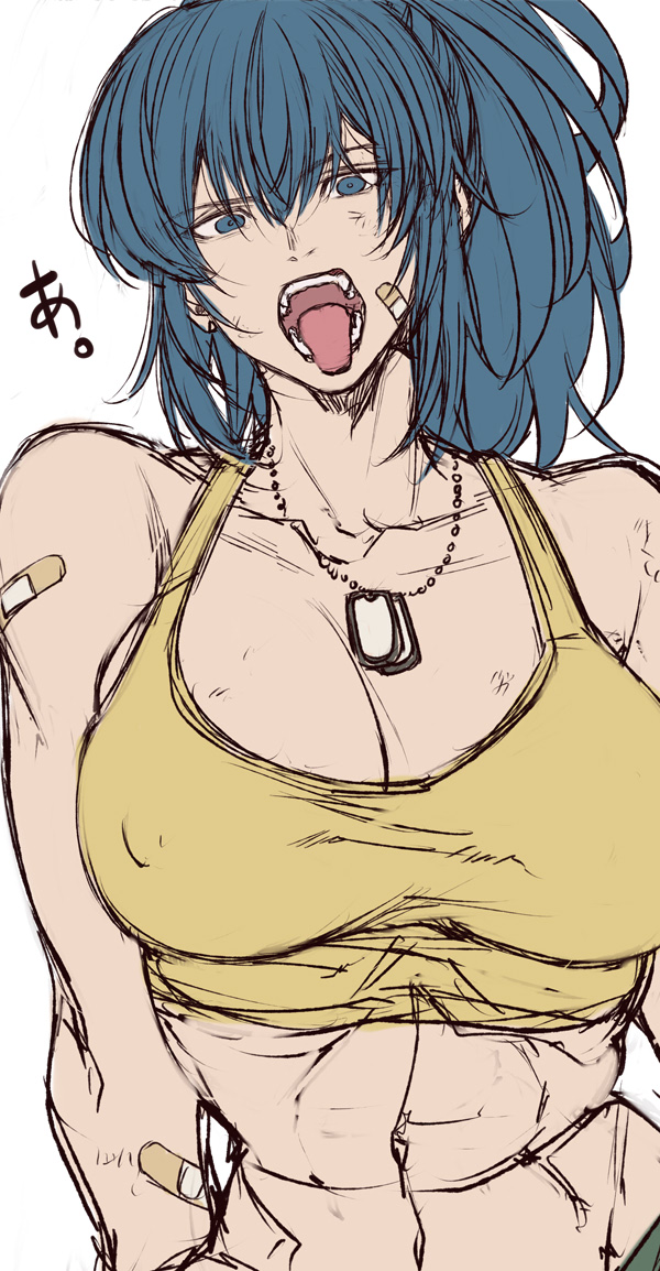 1girl abs bandages blue_eyes blue_hair breasts dog_tags leona_heidern looking_at_viewer medium_hair muscular muscular_female ponytail tank_top the_king_of_fighters tongue tongue_out yasunososaku