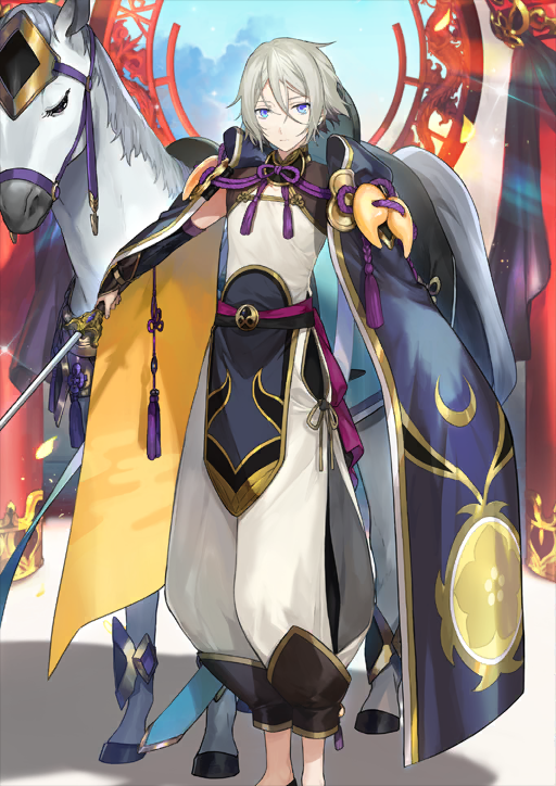 1boy animal arm_at_side bishounen black_shoes blue_eyes bridal_gauntlets bridle chinese_clothes chinese_knot closed_mouth clothing_cutout expressionless fate/grand_order fate_(series) feet_out_of_frame game_cg hair_between_eyes holding holding_sword holding_weapon horse hou_(ppo) long_hair_between_eyes looking_at_viewer magatama male_focus mandarin_collar no_socks official_art outstretched_arm pankou pants prince_of_lan_ling_(fate) puffy_pants rope shirt shoes short_hair side_slit sidelocks sleeveless solo sparkle sword tassel third-party_source variant_set weapon white_hair