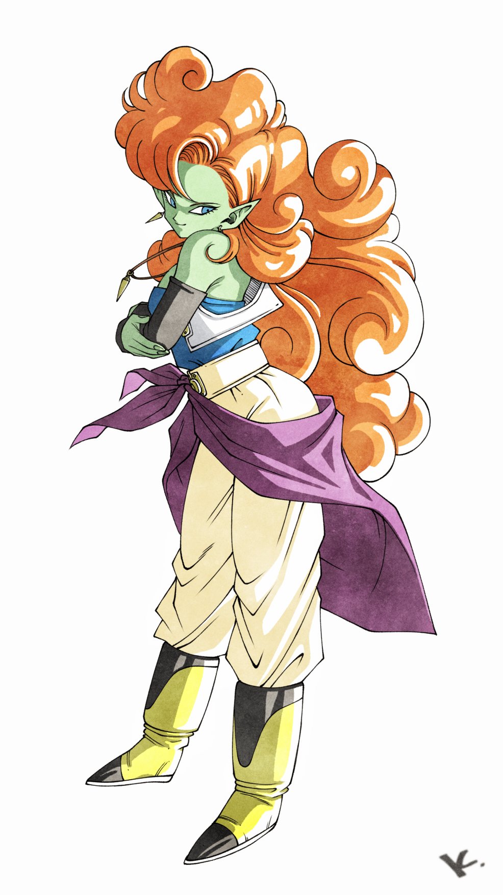 1girl blue_eyes colored_skin curly_hair dragon_ball dragonball_z earrings green_skin highres jewelry kakeru_(dbskakeru) long_hair necklace orange_hair pointy_ears simple_background smile solo vest white_background zangya