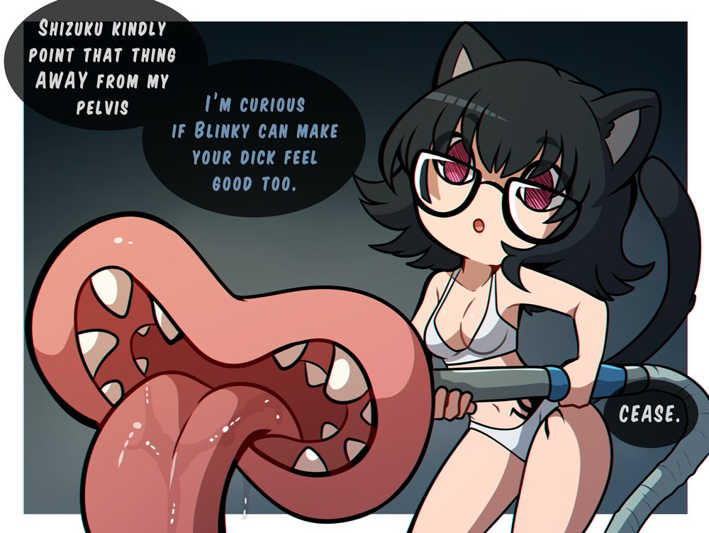 1girl animal_ears black-framed_eyewear black_hair blinky_(hunter_x_hunter) bra breasts cat_ears cat_girl cat_tail chibi commentary empty_eyes english_commentary english_text glasses holding hunter_x_hunter kemonomimi_mode kinkymation looking_at_viewer medium_breasts medium_hair open_mouth panties pink_eyes saliva shizuku_murasaki solo spider_tattoo tail tattoo tongue underwear vacuum_cleaner white_bra white_panties