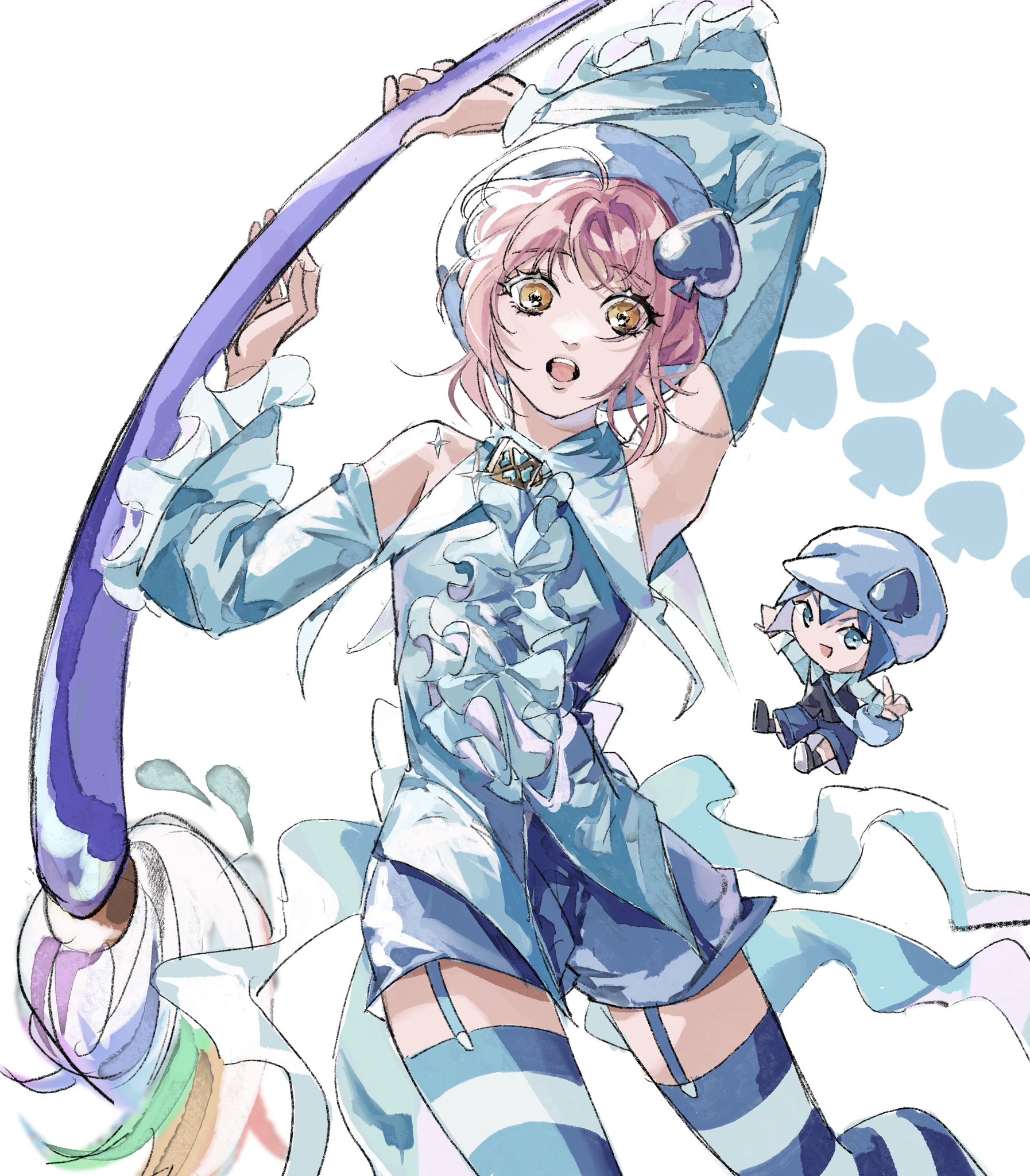 2girls amulet_spade bag blue_hair blue_hat blue_shirt blue_shorts commentary_request cowboy_shot detached_sleeves frilled_shirt frilled_sleeves frills hat highres hinamori_amu holding looking_at_viewer magical_girl miki_(shugo_chara!) multiple_girls open_mouth pink_hair realemonade shirt short_hair shorts shoulder_bag shugo_chara! smile spade_(shape) striped_clothes striped_thighhighs teeth thighhighs upper_teeth_only