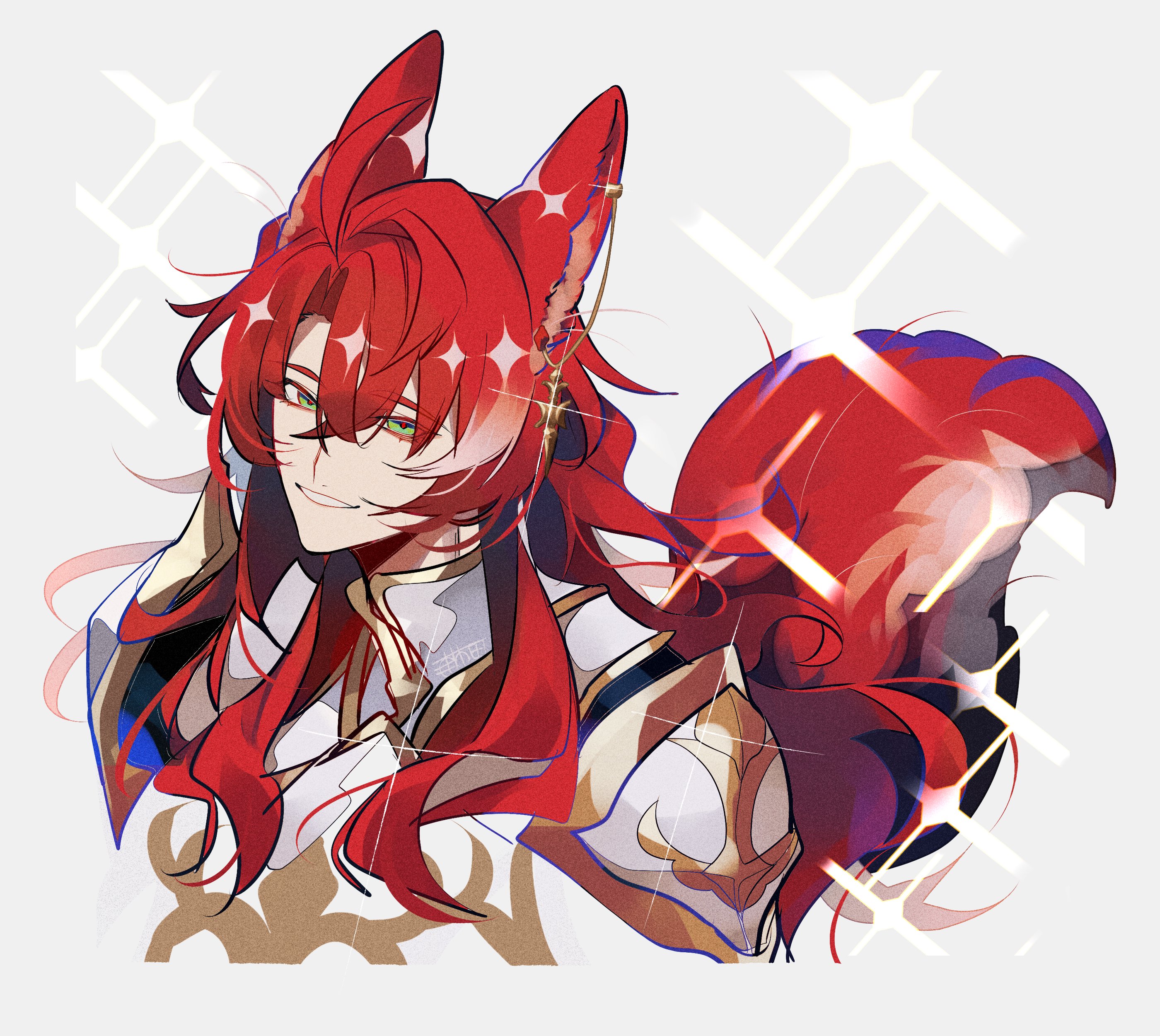 1boy absurdres animal_ears argenti_(honkai:_star_rail) armor fox_boy fox_ears fox_tail glint green_eyes grey_background highres honkai:_star_rail honkai_(series) kemonomimi_mode long_hair looking_at_viewer male_focus red_hair solo tail u_5ham0 upper_body
