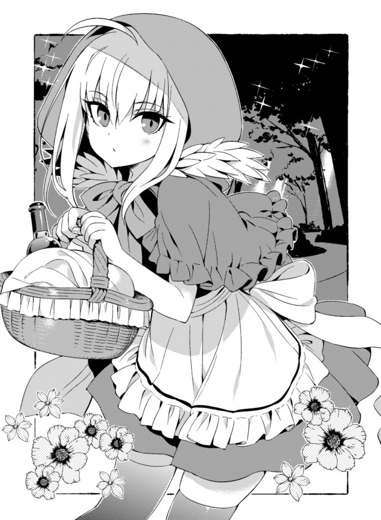 1girl ahoge apron basket blush bottle bow bowtie cloak closed_mouth cosplay cowboy_shot dress fate/grand_order fate_(series) flower gray_(fate) hanabana_tsubomi holding holding_basket hood hood_up hooded_cloak little_red_riding_hood_(fairy_tale) little_red_riding_hood_(fairy_tale_character)_(cosplay) little_red_riding_hood_(fairy_tale_character) looking_at_viewer lord_el-melloi_ii_case_files short_hair sidelocks solo thighhighs