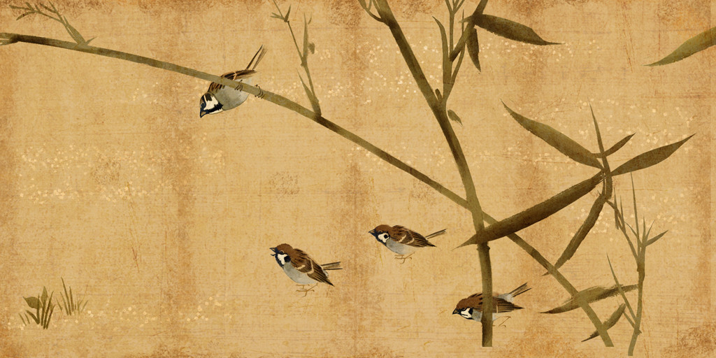 animal_focus beak bird bird_request black_eyes branch brown_background closed_mouth commentary english_commentary grass hanging leaf looking_down official_art open_mouth roland_macdonald standing talons total_war total_war:_shogun_2