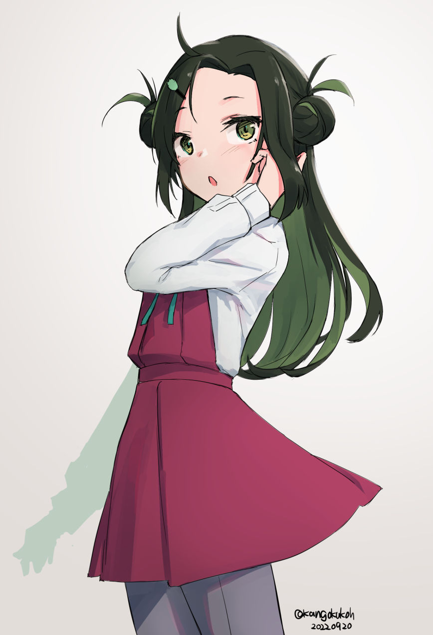 1girl ahoge black_hair blue_ribbon cowboy_shot dated double_bun dress dress_shirt forehead green_hair grey_background grey_pantyhose hair_bun halter_dress halterneck highres kangoku_kou kantai_collection long_hair looking_at_viewer makinami_(kancolle) multicolored_hair neck_ribbon one-hour_drawing_challenge pantyhose pleated_dress purple_dress ribbon shirt solo standing twitter_username white_shirt
