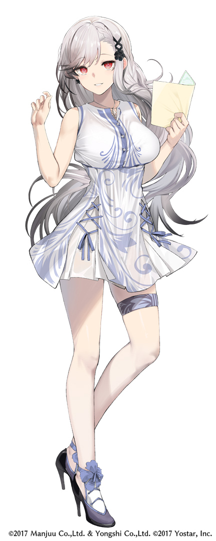 1girl azur_lane bare_shoulders black_hair black_ribbon dress dunkerque_(azur_lane) full_body gradient_hair grey_hair hair_ribbon hands_up long_hair looking_at_viewer multicolored_hair official_art parted_lips red_eyes ribbon simple_background sleeveless sleeveless_dress smile solo thigh_strap white_background white_dress yappen