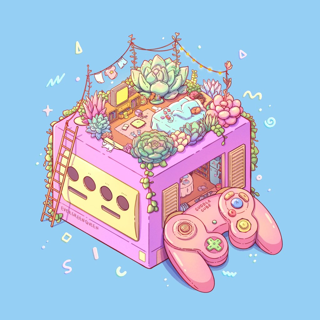 animal artist_name bed bedroom black_hair blue_background book cassette_player cat crt english_text evergreenqveen game_console gamecube gamecube_controller headphones isometric ladder lying open_book original pillow plant sleeping slippers solo string_lights succulent_plant