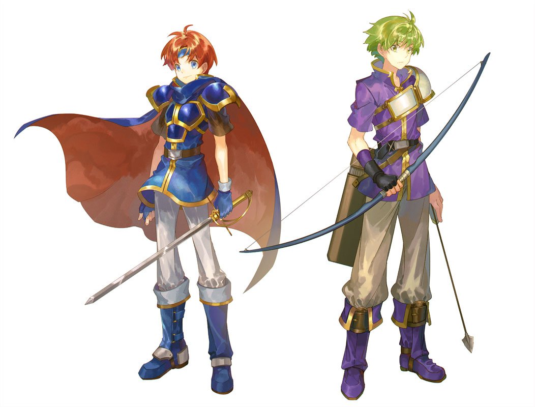 2boys armor arrow_(projectile) boots bow_(weapon) cape fingerless_gloves fire_emblem fire_emblem:_the_binding_blade gloves green_hair headband holding holding_arrow holding_bow_(weapon) holding_sword holding_weapon looking_at_viewer male_focus multiple_boys nintendo noki_(affabile) pauldrons red_hair roy_(fire_emblem) shoulder_armor smile sword weapon wolt_(fire_emblem)