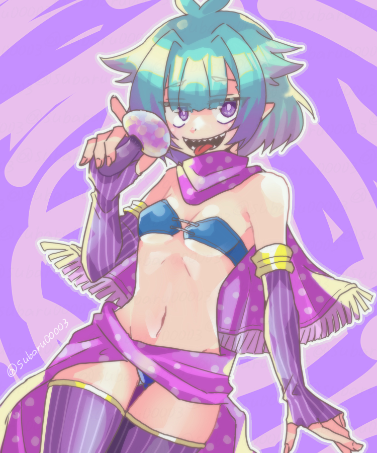1girl bare_shoulders blue_hair breasts bright_pupils cape commentary_request elbow_gloves fate/grand_order fate_(series) fingerless_gloves gloves hair_intakes holding holding_mushroom locusta_(fate) looking_at_viewer midriff multicolored_hair mushroom navel open_mouth pointy_ears polka_dot purple_cape purple_eyes purple_hair purple_thighhighs sharp_teeth small_breasts solo striped_clothes striped_gloves striped_thighhighs subaru00003 teeth thighhighs tongue tongue_out twitter_username two-tone_hair