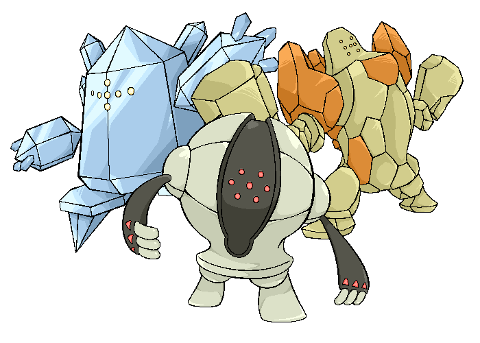 artist_request full_body game_freak gen_3_pokemon legendary_pokemon looking_at_viewer looking_to_the_side nintendo no_humans pokemon pokemon_(creature) regice regirock registeel
