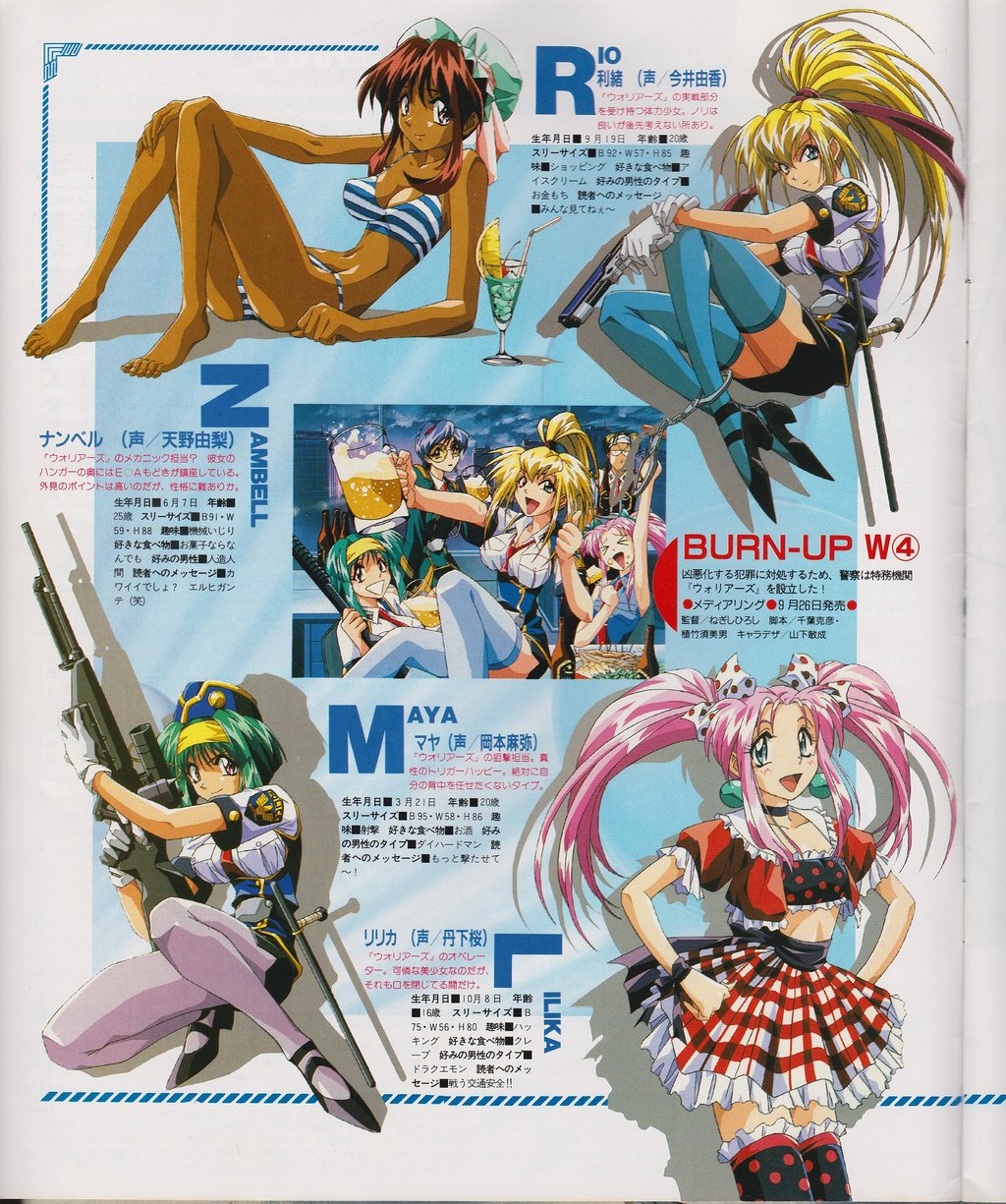 1990s_(style) 5girls alcohol barefoot beer bikini blonde_hair blue_eyes blue_hair brown_eyes burn-up burn-up_w cherry dark-skinned_female dark_skin dress drink drinking_straw feet food fruit green_hair gun highres jinguu_maya kinezono_rio lilica_evett long_hair multiple_girls nanvel_candlestick pink_hair police police_uniform policewoman ponytail purple_eyes red_eyes retro_artstyle scan short_hair swimsuit twintails weapon yamashita_toshinari